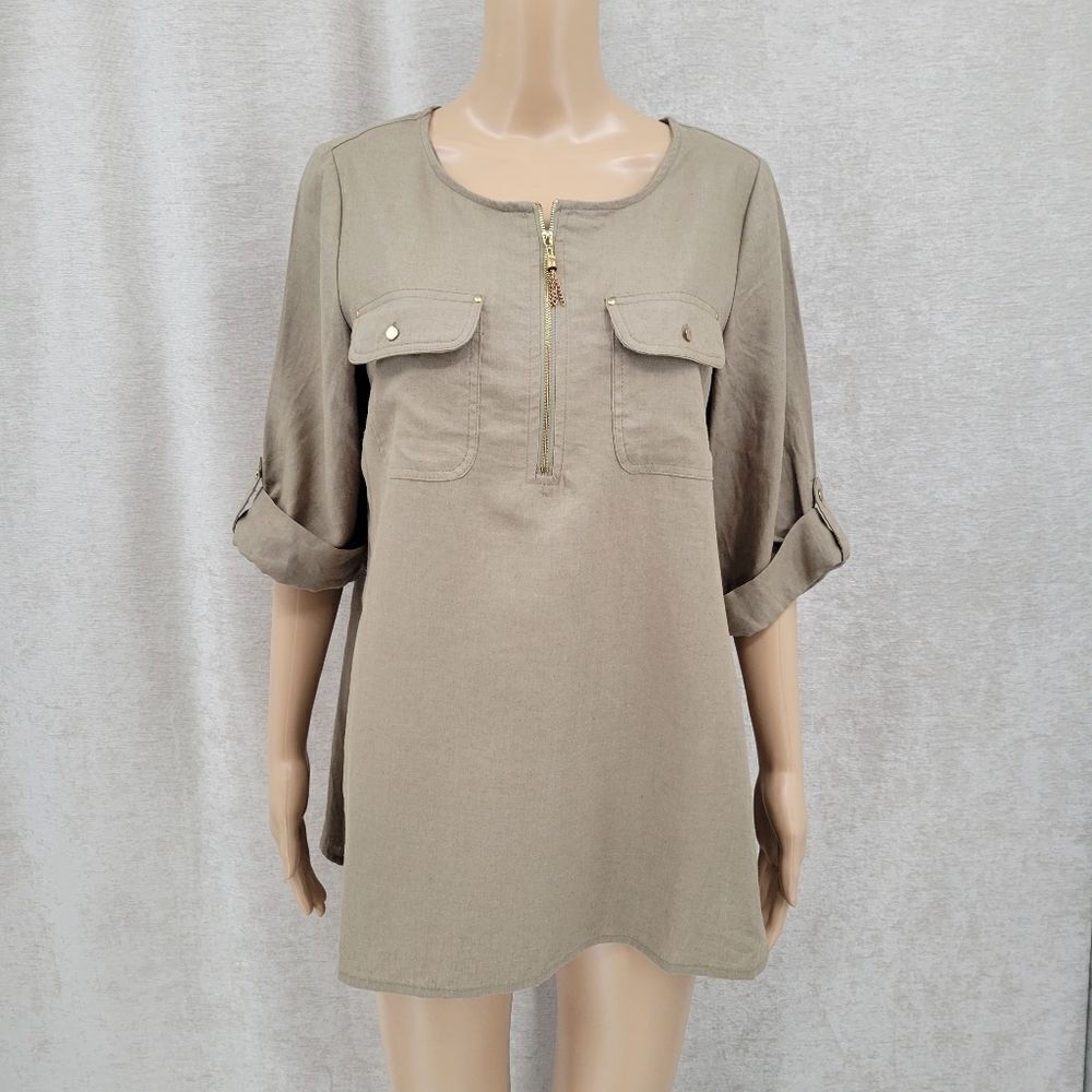 Emily Daniels Linen Rayon Tunic Top Dusty Sage Green Women's Medium NEW